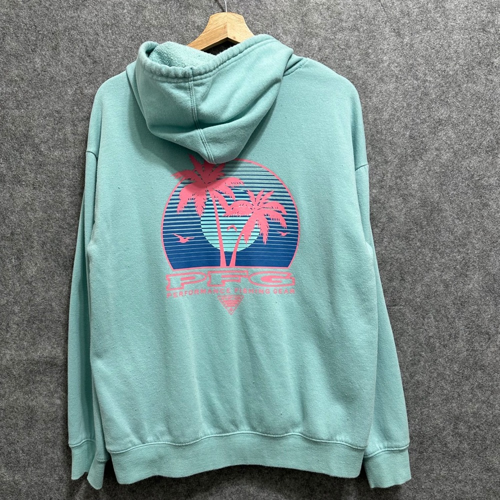 Columbia PFG Hoodie Womens Medium Teal Palm Tree Graphic Performance